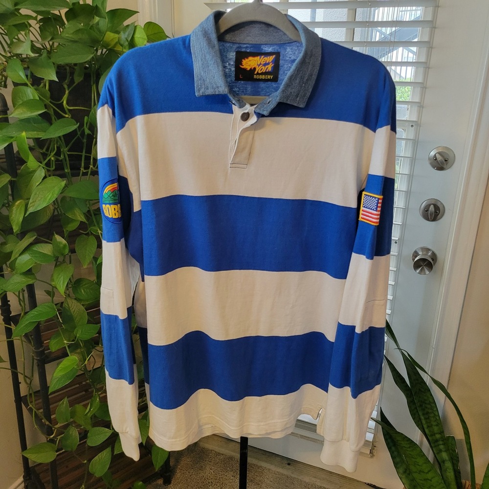 New York Robbery Mens Blue White Striped Long Sleeve Rugby Shirt Denim Collar L
